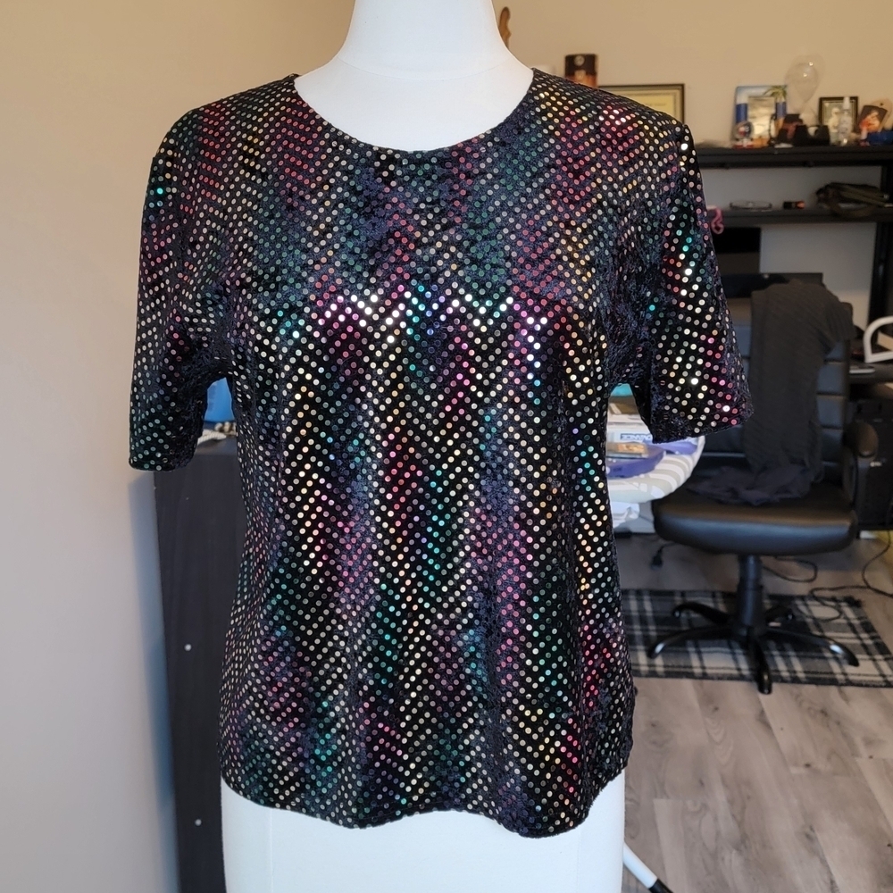 Kathie Lee Collection Black Multicolor Sequin Top